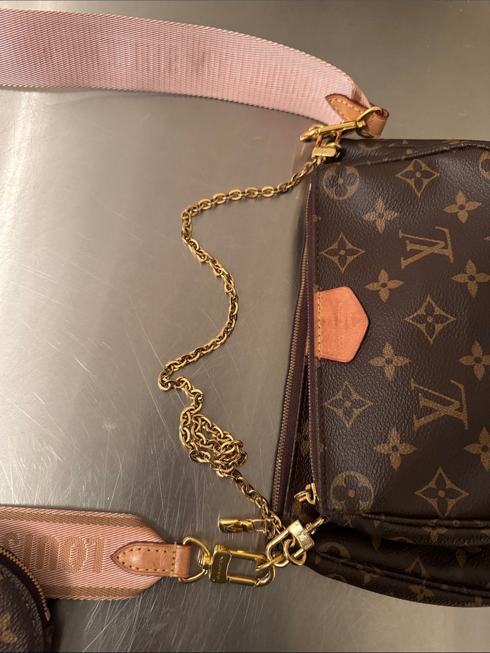 Louis Vuitton Brown Monogram Crossbody Bag with Pink Strap - Picture 5 of 17